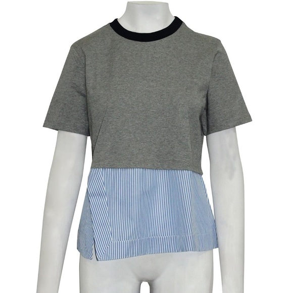 Carven Grey T-shirt Blouse Two In One with Pinstripe Flared Hem Dressy Casual XS - Picture 2 of 8